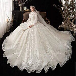 IS-NWT High Neck Open Back Long Sleeves Beading Lace Ball Gown Wedding Dress